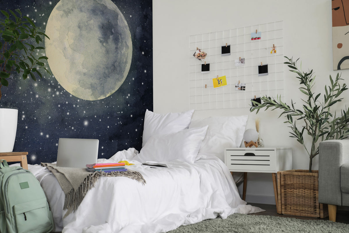 Watercolor Full Moon Wallpaper : Starry Night Sky Mural - View 4