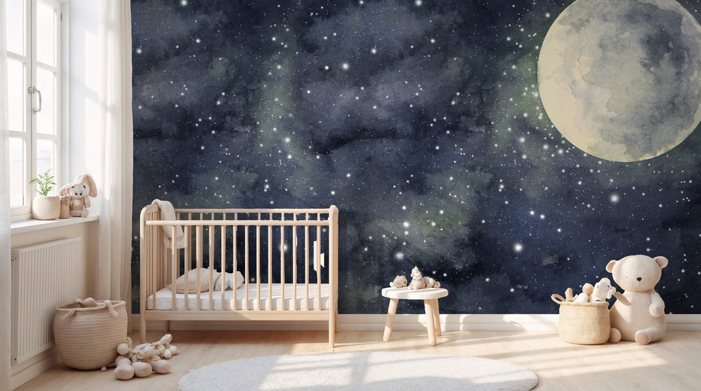 Watercolor Full Moon Wallpaper : Starry Night Sky Mural - View 5