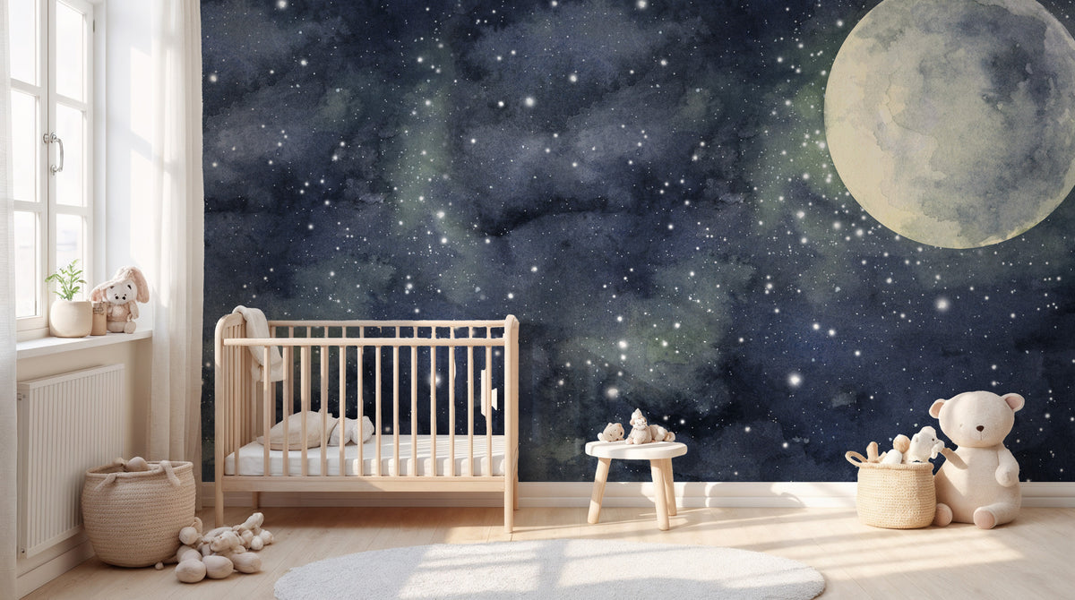 Watercolor Full Moon Wallpaper : Starry Night Sky Mural - View 5