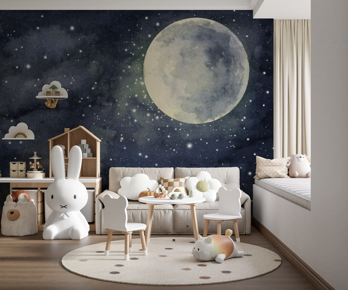 Watercolor Full Moon Wallpaper : Starry Night Sky Mural - View 3