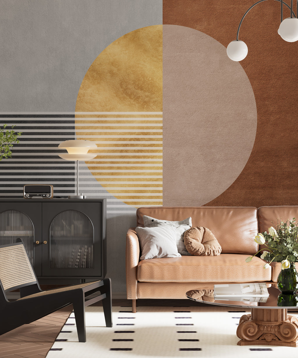 Boho Geometric Wallpaper : Gold Moon and Terracotta Blocks Mural
