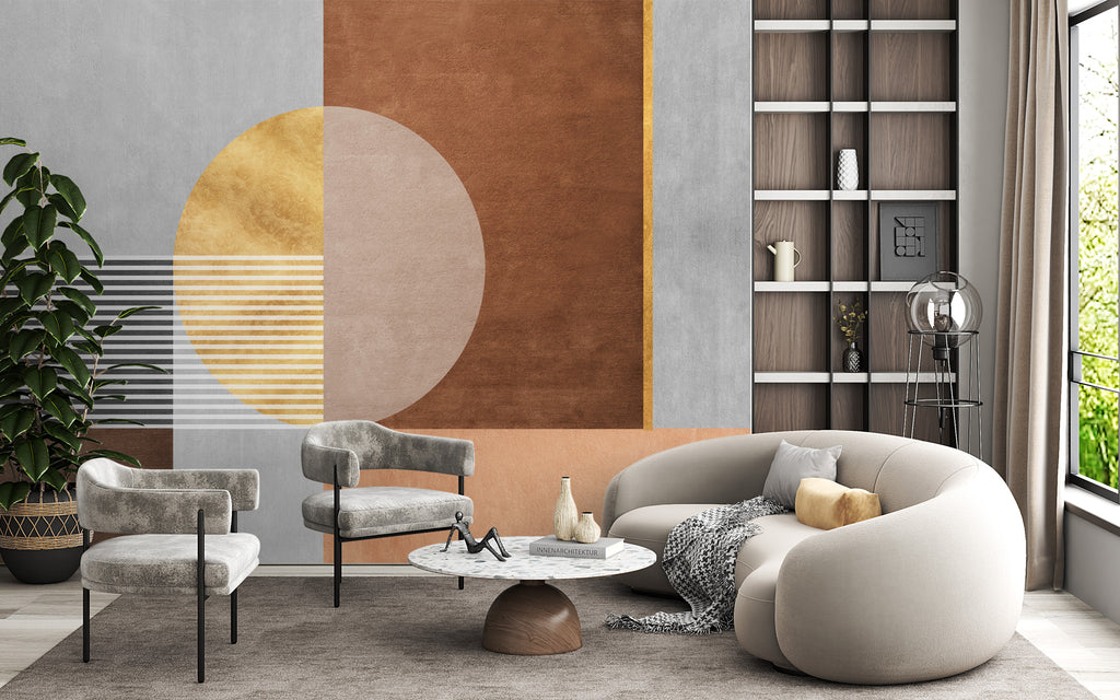 Boho Geometric Wallpaper : Gold Moon and Terracotta Blocks Mural - View 3