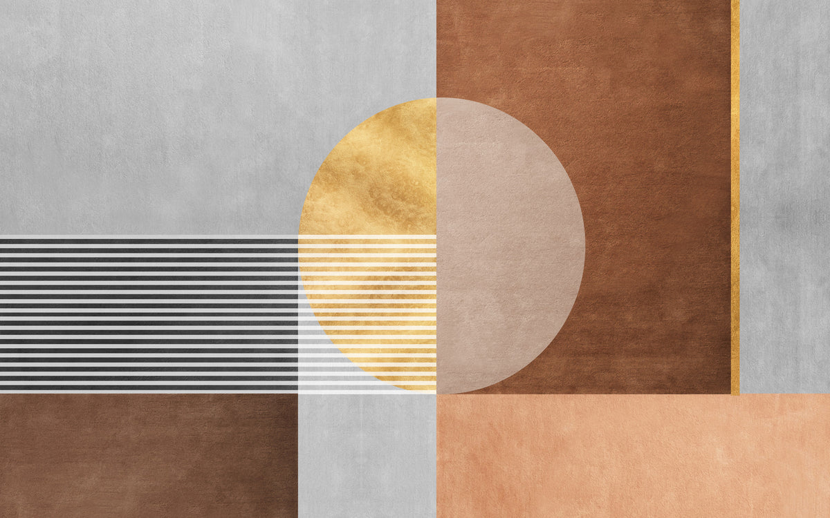 Boho Geometric Wallpaper : Gold Moon and Terracotta Blocks Mural - flat design