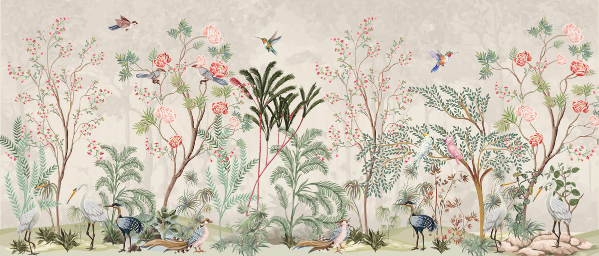 Blossom Tree Chinoiserie Wallpaper : Rose Trees and Birds Mural - flat design