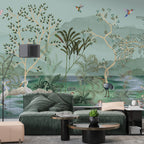 Green Chinoiserie Lake Wallpaper : Herons, Pelicans and Birds Mural - View 5