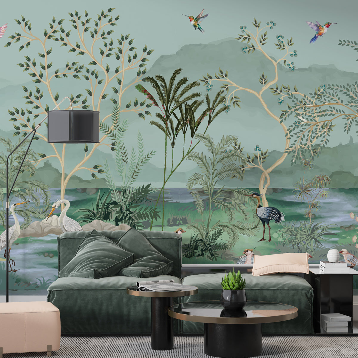 Green Chinoiserie Lake Wallpaper : Herons, Pelicans and Birds Mural - View 5