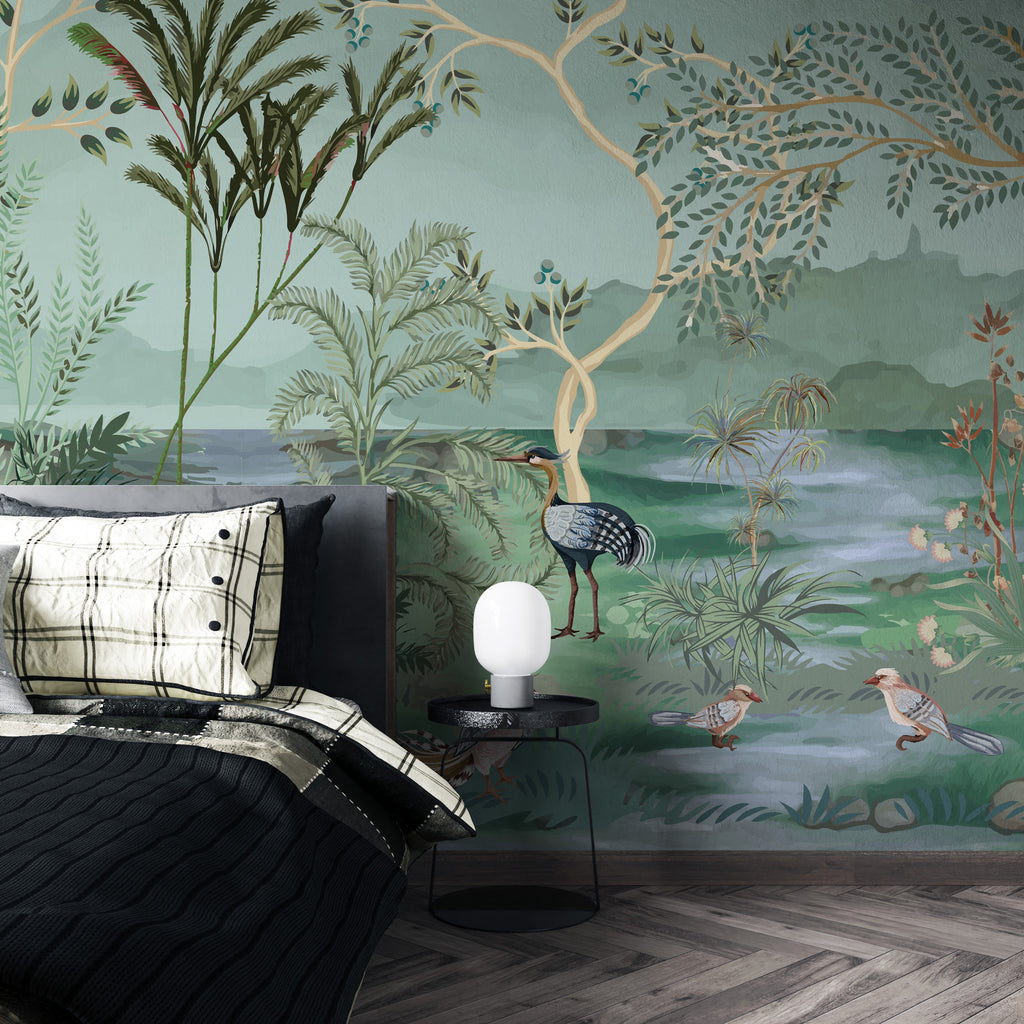 Green Chinoiserie Lake Wallpaper : Herons, Pelicans and Birds Mural - View 4