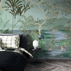 Green Chinoiserie Lake Wallpaper : Herons, Pelicans and Birds Mural - View 4