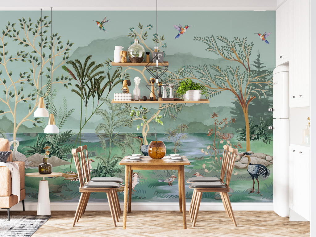 Green Chinoiserie Lake Wallpaper : Herons, Pelicans and Birds Mural - View 3