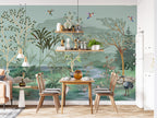 Green Chinoiserie Lake Wallpaper : Herons, Pelicans and Birds Mural - View 3