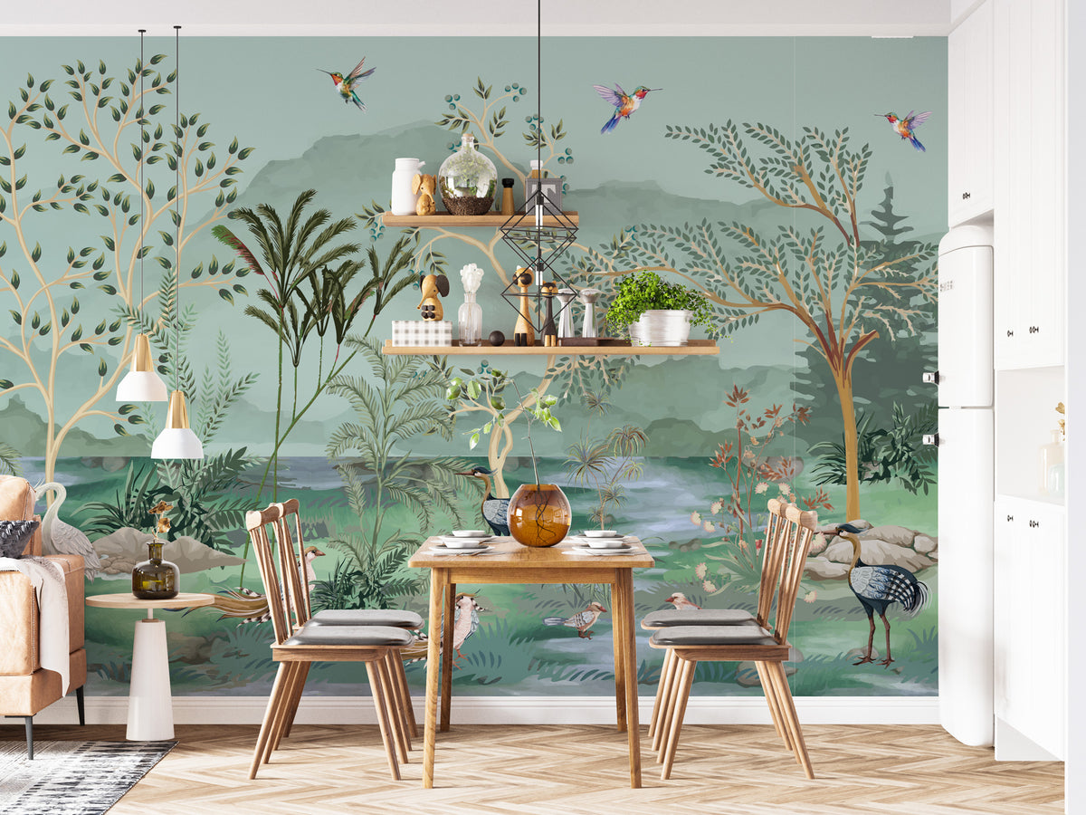Green Chinoiserie Lake Wallpaper : Herons, Pelicans and Birds Mural - View 3