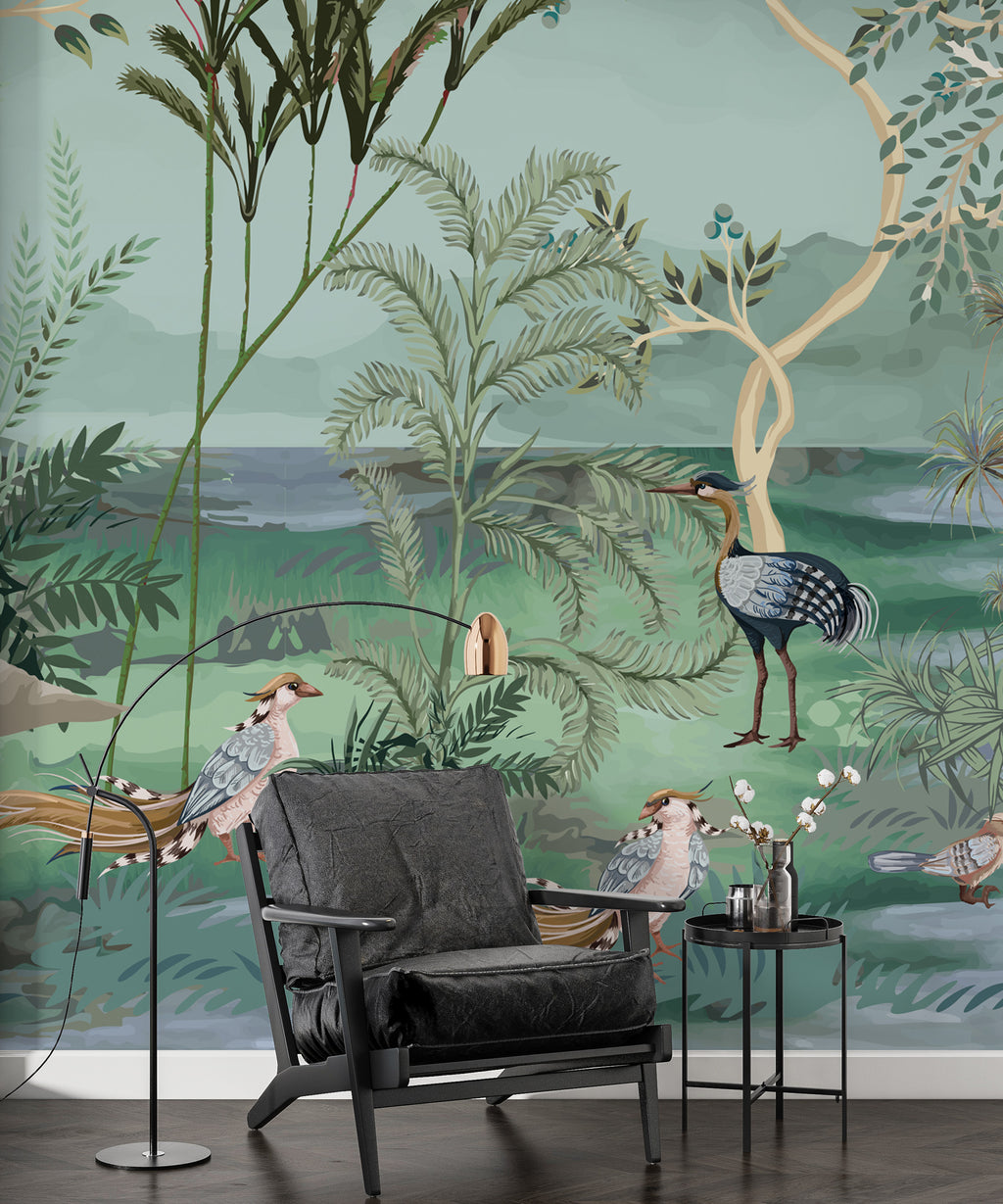 Green Chinoiserie Lake Wallpaper : Herons, Pelicans and Birds Mural - View 2
