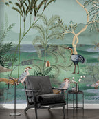 Green Chinoiserie Lake Wallpaper : Herons, Pelicans and Birds Mural - View 2