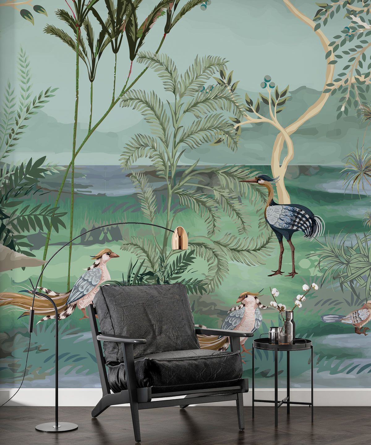 Green Chinoiserie Lake Wallpaper : Herons, Pelicans and Birds Mural - View 2