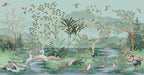 Green Chinoiserie Lake Wallpaper : Herons, Pelicans and Birds Mural - flat design