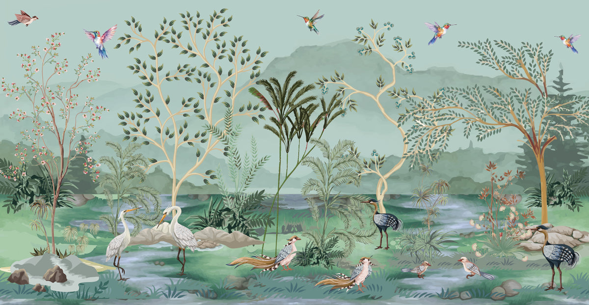 Green Chinoiserie Lake Wallpaper : Herons, Pelicans and Birds Mural - flat design