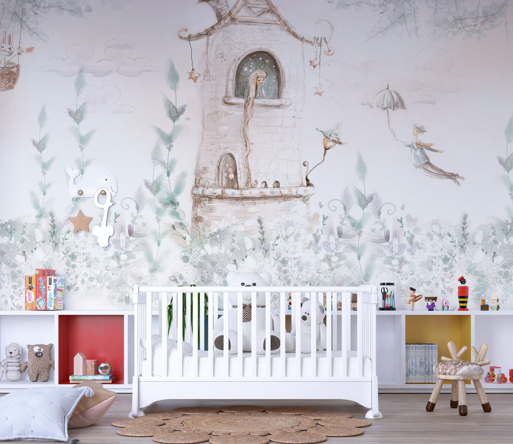 Fairy Tale Tower Wallpaper : Pastel Storybook Kids Mural - View 3