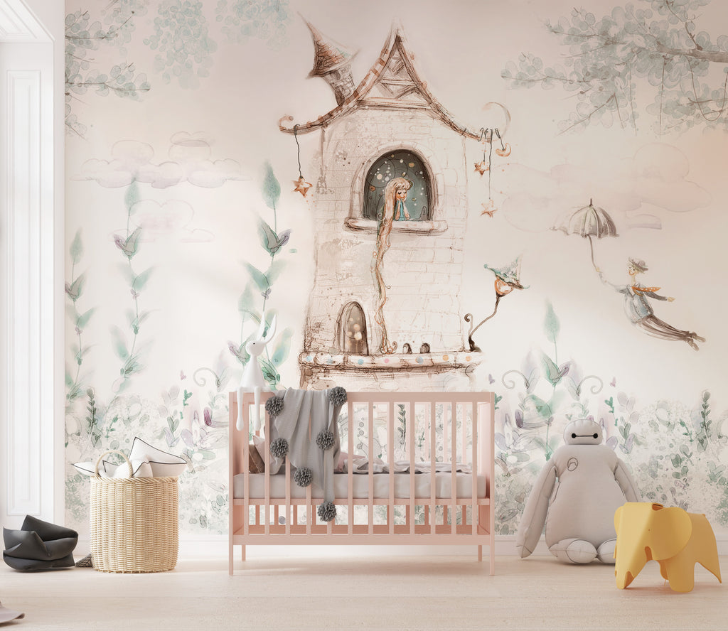 Fairy Tale Tower Wallpaper : Pastel Storybook Kids Mural - View 4