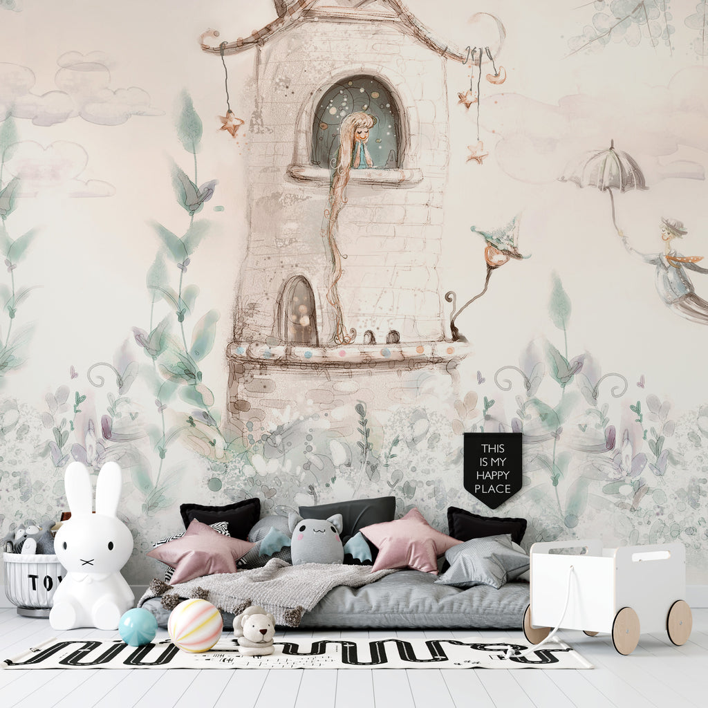 Fairy Tale Tower Wallpaper : Pastel Storybook Kids Mural