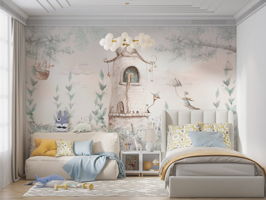 Fairy Tale Tower Wallpaper : Pastel Storybook Kids Mural - View 2