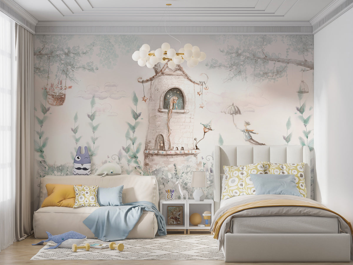 Fairy Tale Tower Wallpaper : Pastel Storybook Kids Mural - View 2
