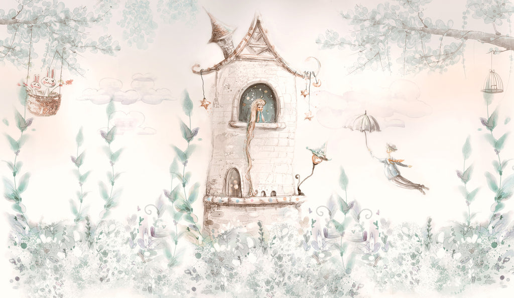 Fairy Tale Tower Wallpaper : Pastel Storybook Kids Mural - flat design