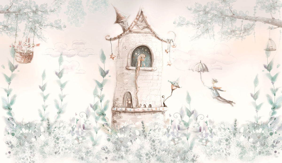 Fairy Tale Tower Wallpaper : Pastel Storybook Kids Mural - flat design
