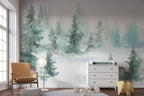 Watercolor Pine Forest Wallpaper : Misty Teal Woodland Mural