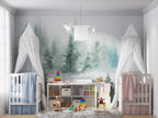 Watercolor Pine Forest Wallpaper : Misty Teal Woodland Mural - View 3