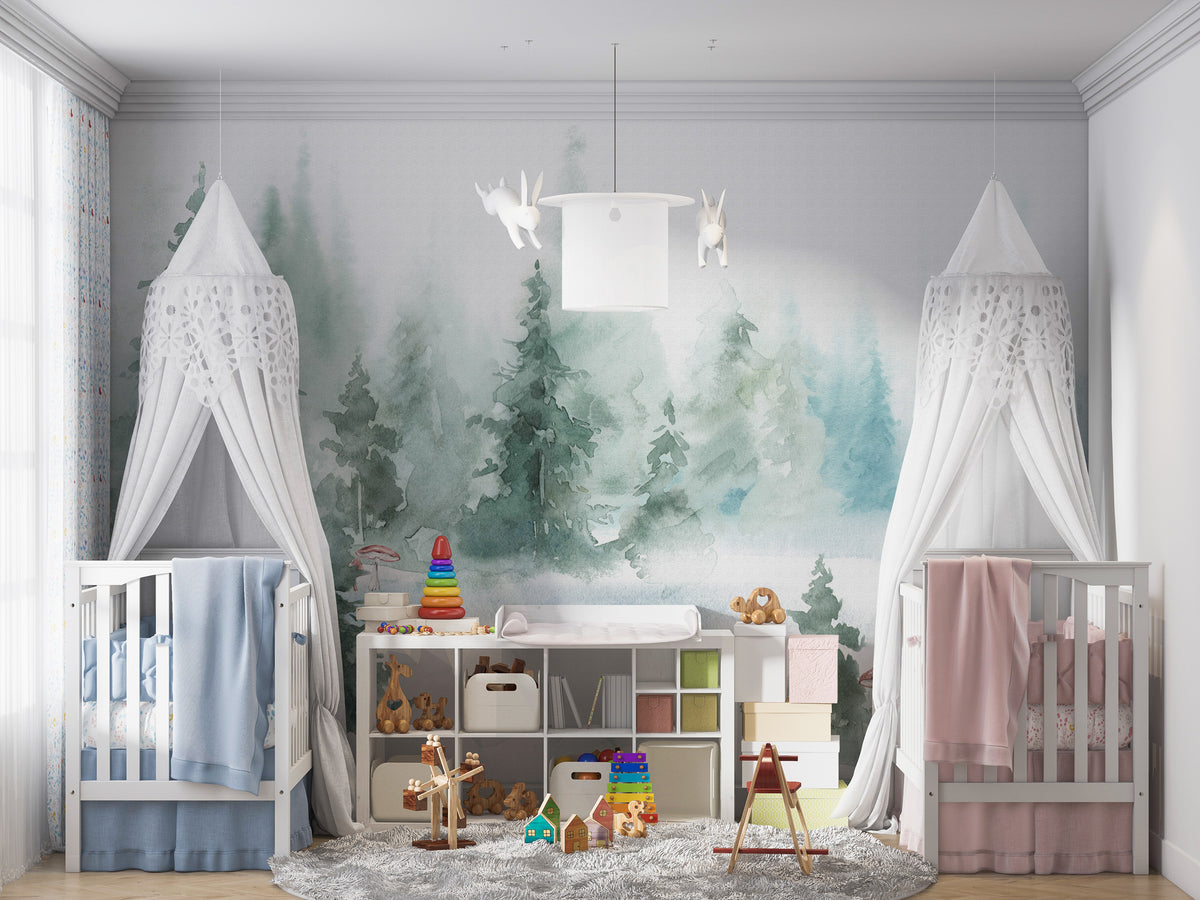 Watercolor Pine Forest Wallpaper : Misty Teal Woodland Mural - View 3