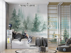Watercolor Pine Forest Wallpaper : Misty Teal Woodland Mural - View 4