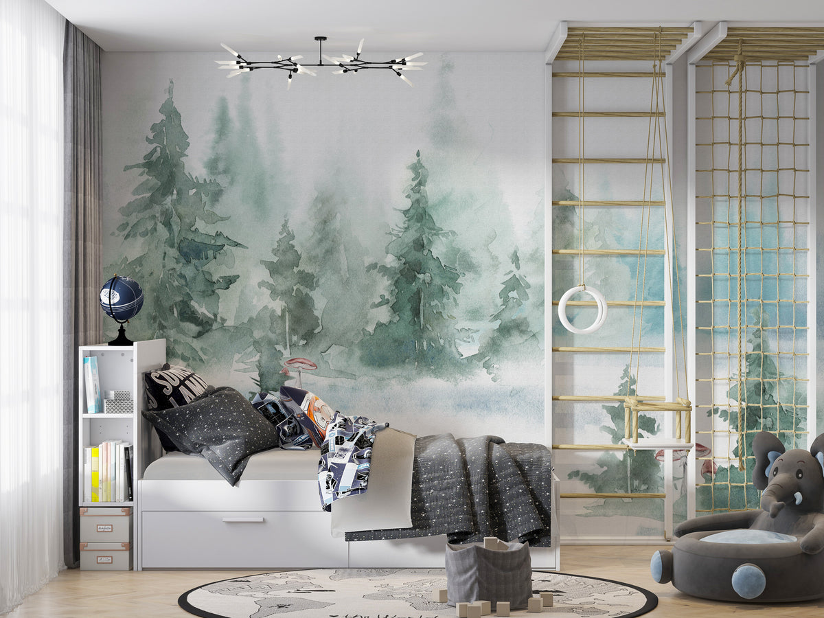 Watercolor Pine Forest Wallpaper : Misty Teal Woodland Mural - View 4
