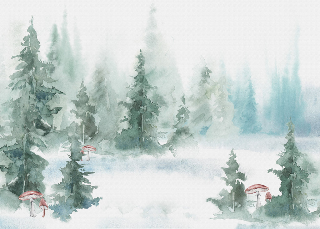 Watercolor Pine Forest Wallpaper : Misty Teal Woodland Mural - flat design