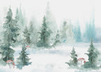 Watercolor Pine Forest Wallpaper : Misty Teal Woodland Mural - flat design