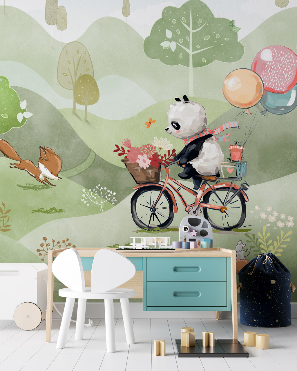 Panda Bicycle Wallpaper : Woodland Friends Kids Mural - View 4
