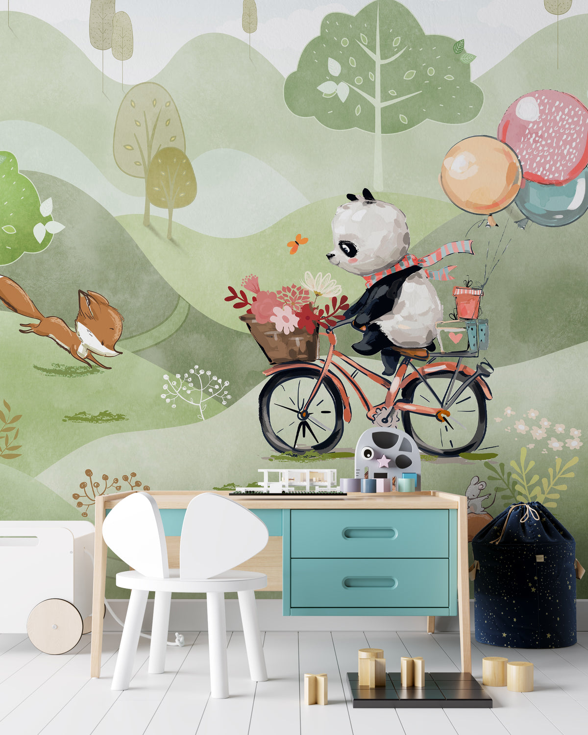 Panda Bicycle Wallpaper : Woodland Friends Kids Mural - View 4