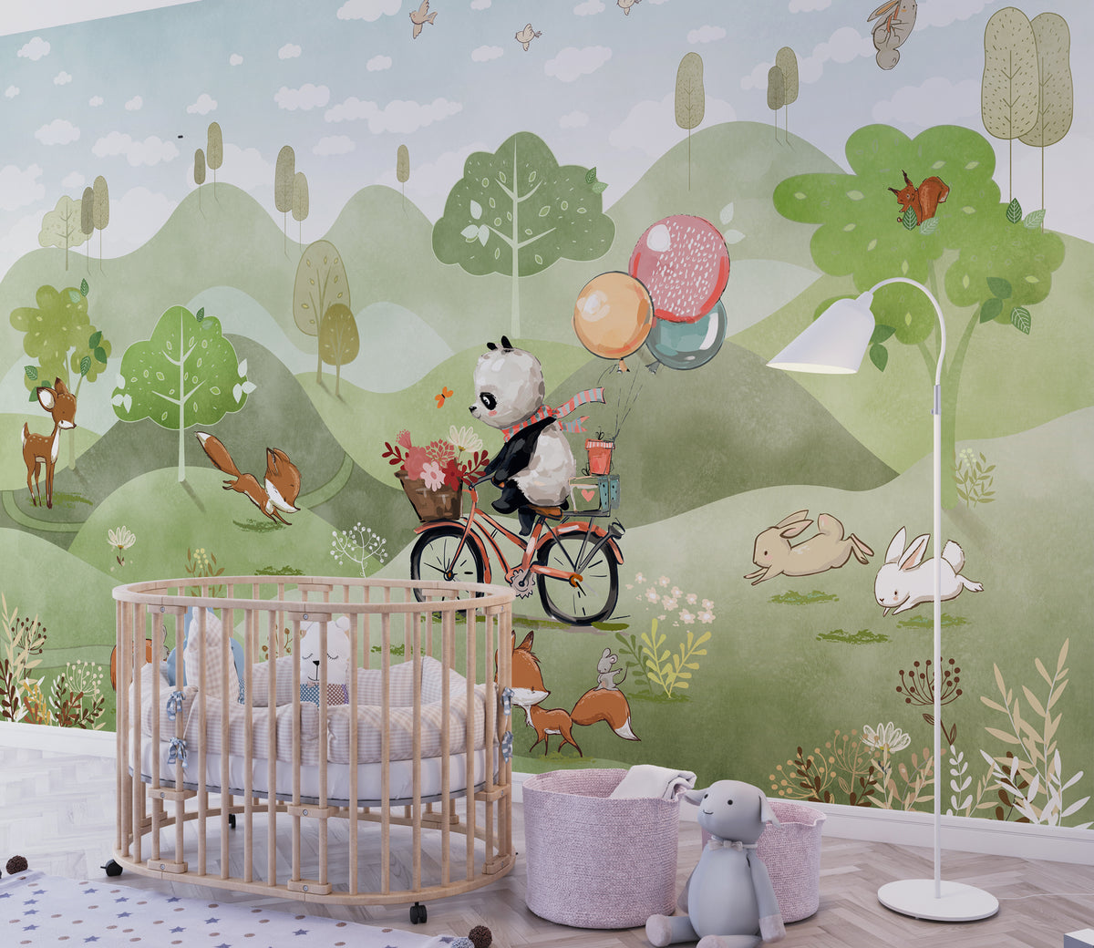 Panda Bicycle Wallpaper : Woodland Friends Kids Mural - View 3