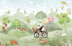 Panda Bicycle Wallpaper : Woodland Friends Kids Mural - flat design