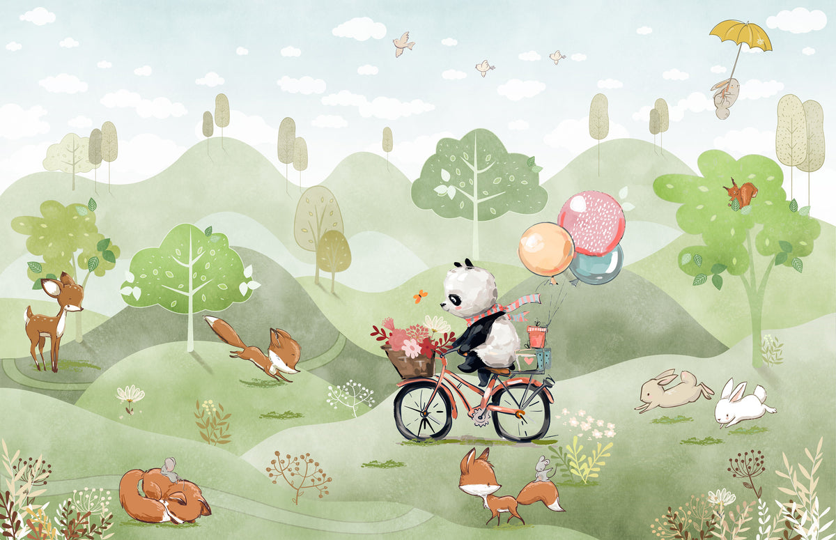 Panda Bicycle Wallpaper : Woodland Friends Kids Mural - flat design
