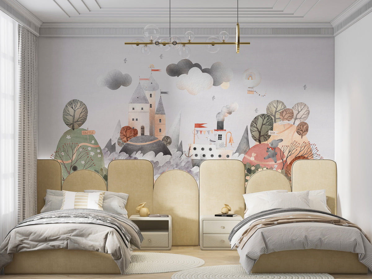 Fairytale Castle Wallpaper : Watercolor Storybook Kids Mural - View 4
