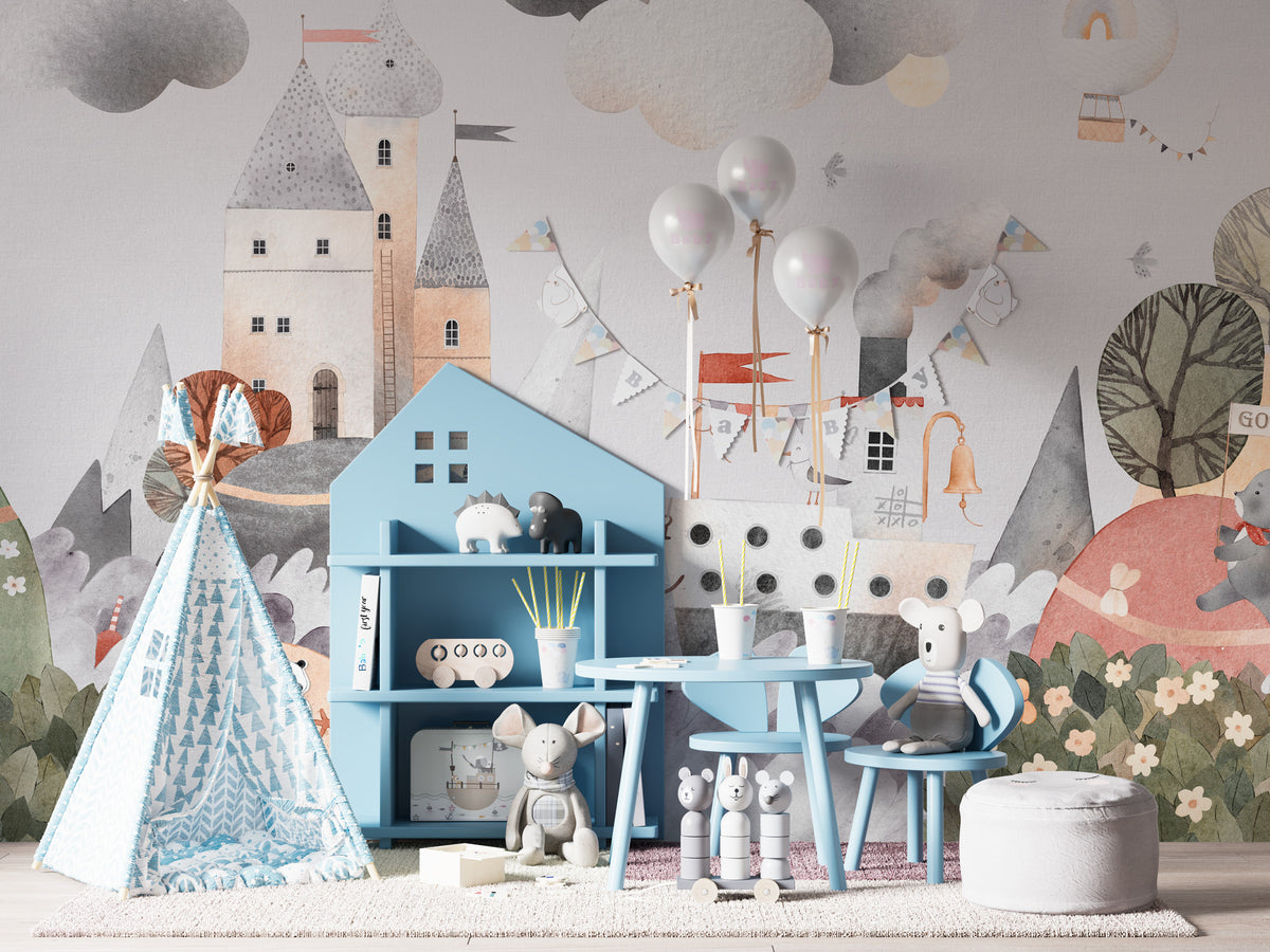 Fairytale Castle Wallpaper : Watercolor Storybook Kids Mural - View 2