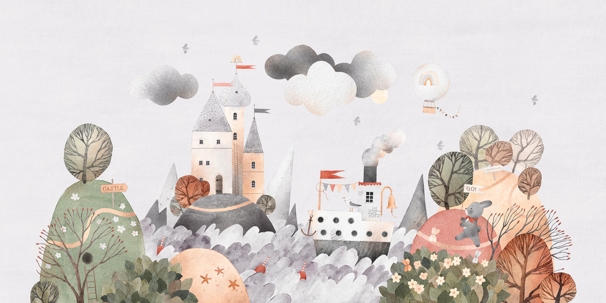 Fairytale Castle Wallpaper : Watercolor Storybook Kids Mural - flat design