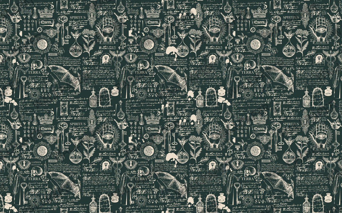 Green Alchemy Script Wallpaper : Vintage Manuscript Mural - View 2