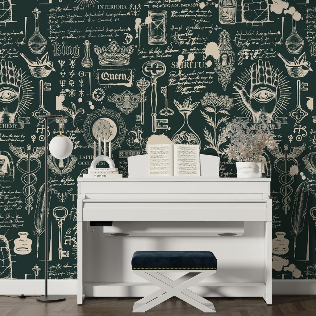 Green Alchemy Script Wallpaper : Vintage Manuscript Mural - View 3