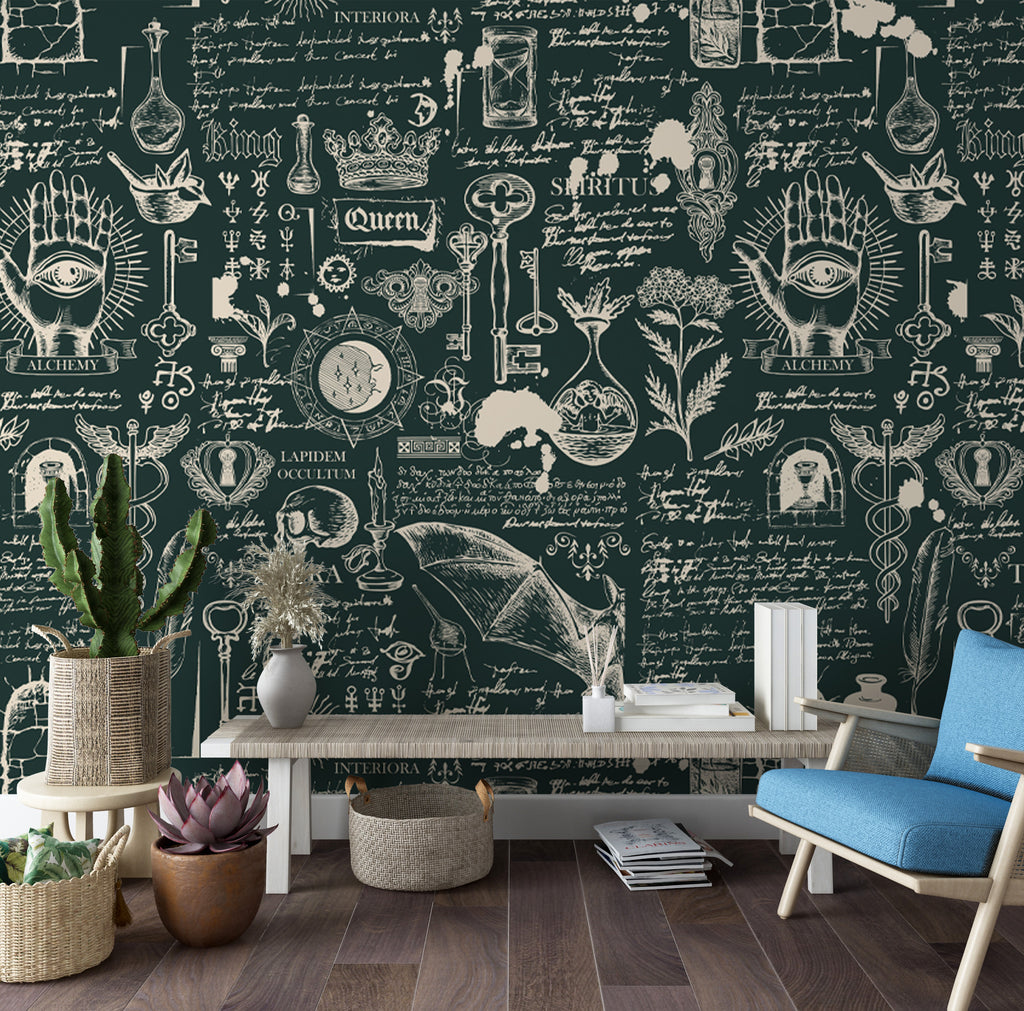 Green Alchemy Script Wallpaper : Vintage Manuscript Mural