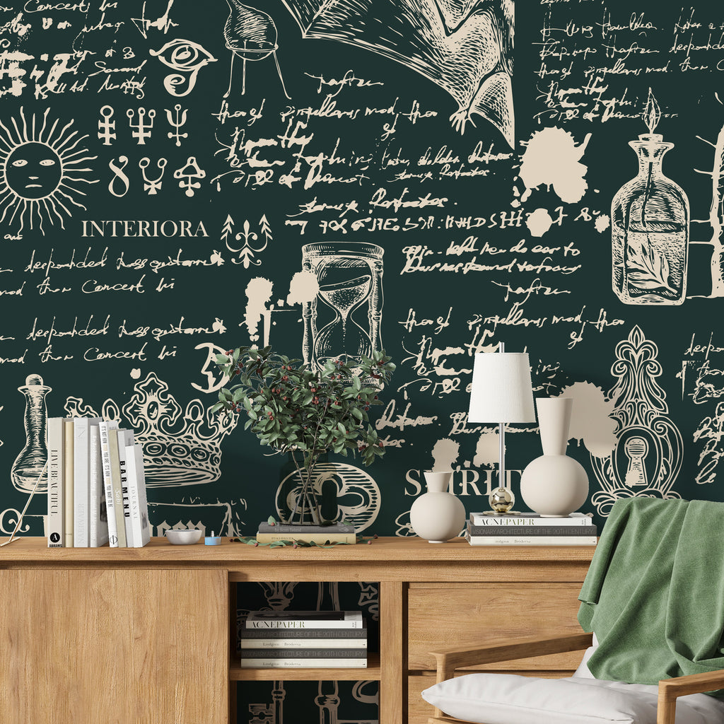 Green Alchemy Script Wallpaper : Vintage Manuscript Mural - View 4
