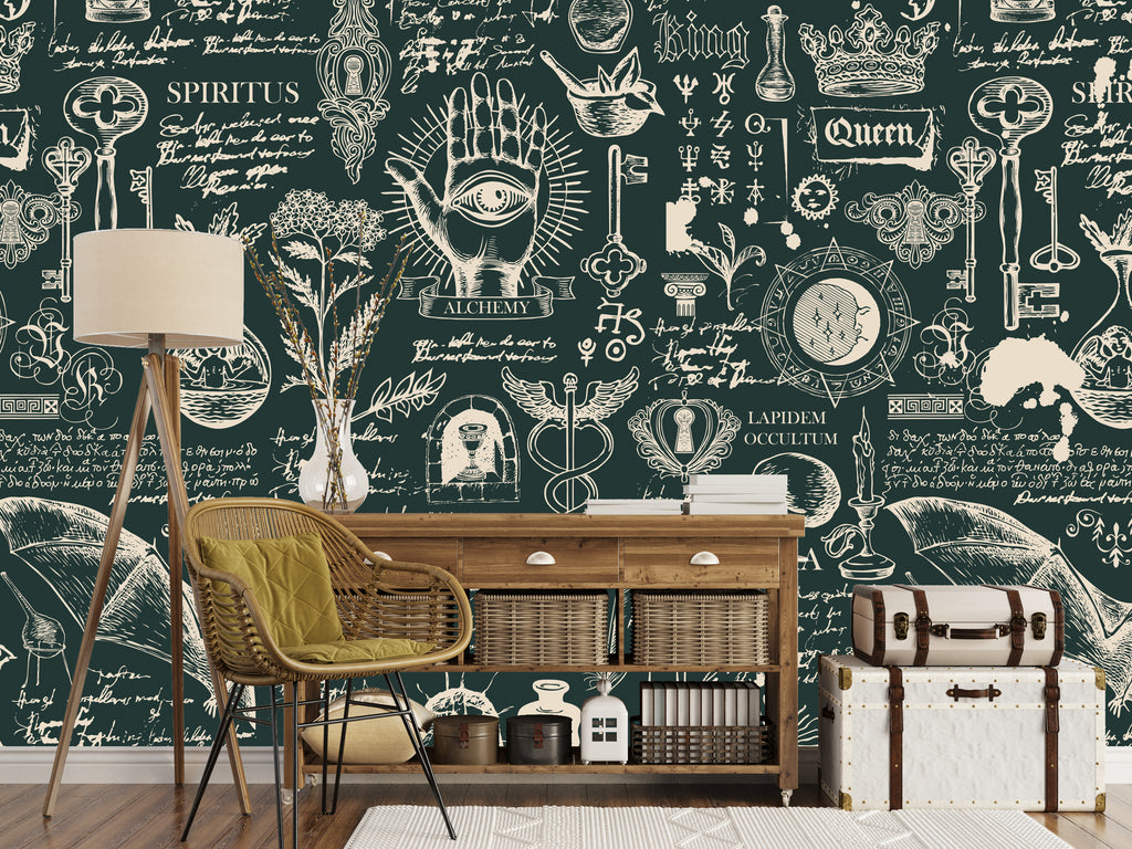 Green Alchemy Script Wallpaper : Vintage Manuscript Mural - View 5