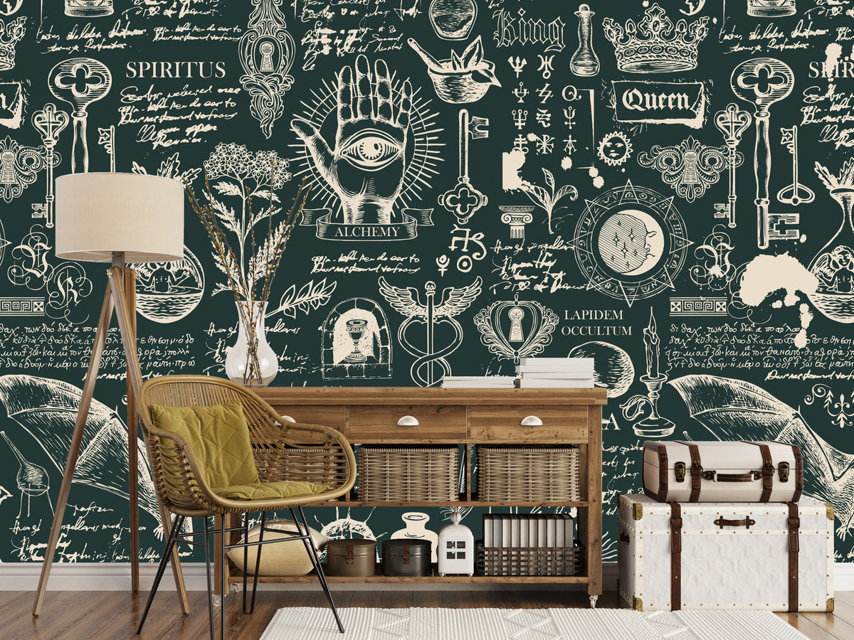 Green Alchemy Script Wallpaper : Vintage Manuscript Mural - View 5