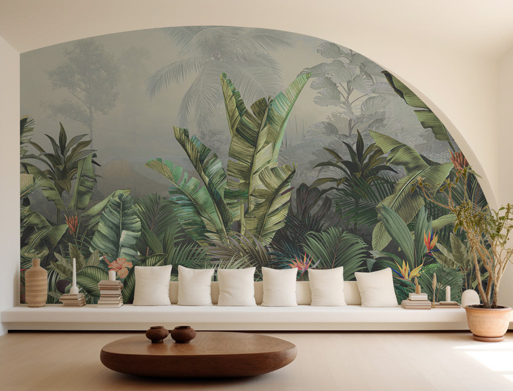 Banana Leaf Wallpaper : Misty Tropical Jungle Mural - View 3