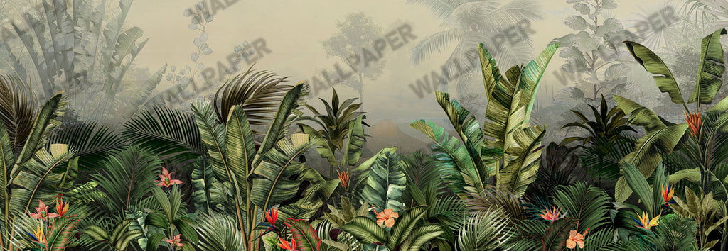 Banana Leaf Wallpaper : Misty Tropical Jungle Mural - View 2